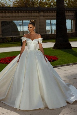 Elegant Off-the-Shoulder Sweetheart Backless Beading Satin Ball Gown Train Wedding Dress_1