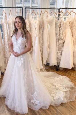 Elegant Deep V-neck Appliques Lace Floor-length Train A-Line Wedding Dress_1