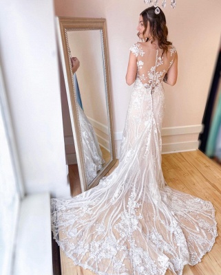 Elegant Bateau Appliques Lace Floor-length Garden Church Mermaid Wedding Dress_3