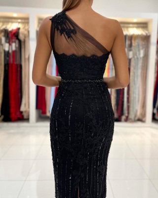 Unique Black One Shoulder Sequins Ruffles Knee-length Sheath Tulle Prom Dress_4