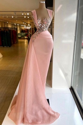 Elegant Wide Straps Crystal Appliques Ruffles Floor-length Mermaid Prom Dress_1