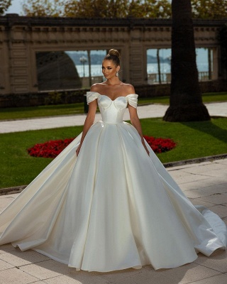 Elegant Off-the-Shoulder Sweetheart Backless Beading Satin Ball Gown Train Wedding Dress_2