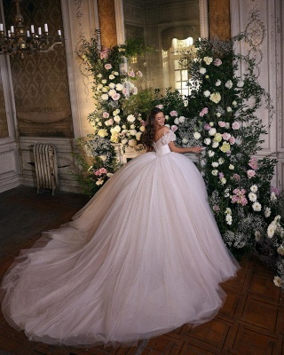 Gorgeous Sweetheart Off-the-Shoulder Sequins Tulle Floor-length Church Ball Gown Wedding Dress_2