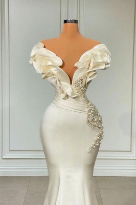 Elegant White Sweetheart Cascading Ruffles Pearl Long Mermaid Prom Dress_3