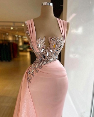 Elegant Wide Straps Crystal Appliques Ruffles Floor-length Mermaid Prom Dress_2
