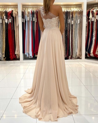 Elegant A-line One Shoulder Appliques Lace Ruffles Split Chiffon Prom Dress_2