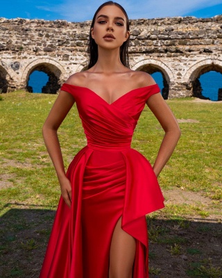 Sexy Red A-line Sweetheart Off-the-shoulder Backless Ruffles Prom Dress with Slit_2