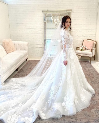 Elegant High-neck Long Sleeve Appliques Lace Floor-length A-Line Wedding Dress_2