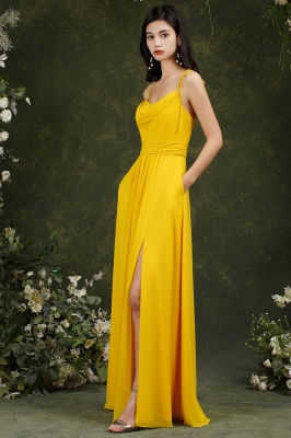 Attractive Yellow Spaghetti Straps Backless Split Bridesmaid Dress With Pockets_3