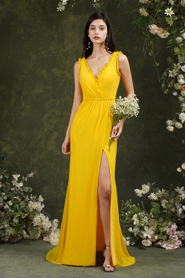 Classy V-neck Wide Straps Backless Yellow Mermaid Bridesmaid Dress With Split_6