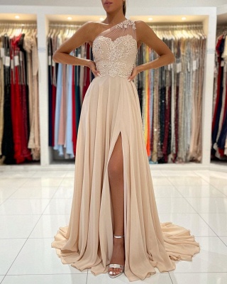Elegant A-line One Shoulder Appliques Lace Ruffles Split Chiffon Prom Dress_3