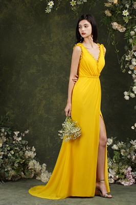 Classy V-neck Wide Straps Backless Yellow Mermaid Bridesmaid Dress With Split_5