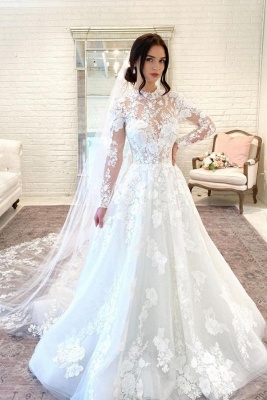 Elegant High-neck Long Sleeve Appliques Lace Floor-length A-Line Wedding Dress_1