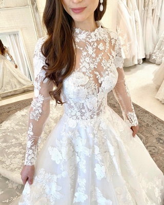 Elegant High-neck Long Sleeve Appliques Lace Floor-length A-Line Wedding Dress_4