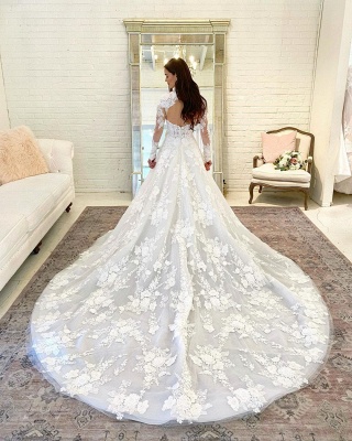 Elegant High-neck Long Sleeve Appliques Lace Floor-length A-Line Wedding Dress_3