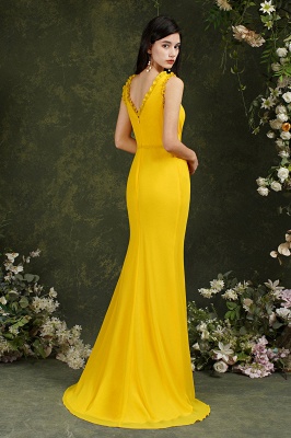 Classy V-neck Wide Straps Backless Yellow Mermaid Bridesmaid Dress With Split_8