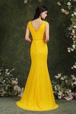 Classy V-neck Wide Straps Backless Yellow Mermaid Bridesmaid Dress With Split_7