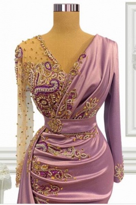 Vintage Long Sleeve V-neck Ruched Mermaid Prom Dress With Gold Crystal_2