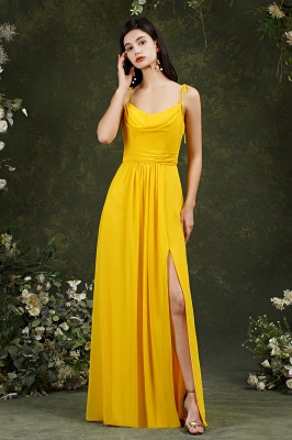 Attractive Yellow Spaghetti Straps Backless Split Bridesmaid Dress With Pockets