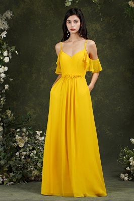 Elegant Yellow A-line Chiffon Spaghetti Straps Sweetheart Backless Bridesmaid Dress With Pockets