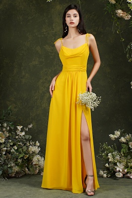 Attractive Yellow Spaghetti Straps Backless Split Bridesmaid Dress With Pockets_5