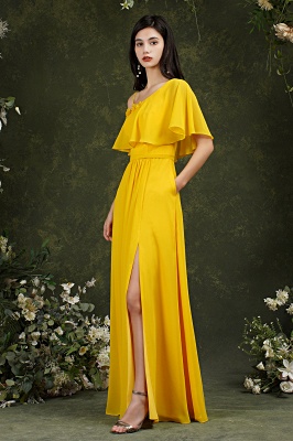 Charming Yellow A-line Spaghetti Straps Flower Embellishment Bridesmaid Dress With Split Pockets_3