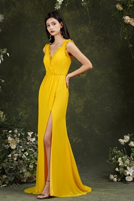 Classy V-neck Wide Straps Backless Yellow Mermaid Bridesmaid Dress With Split_4