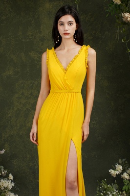 Classy V-neck Wide Straps Backless Yellow Mermaid Bridesmaid Dress With Split_9