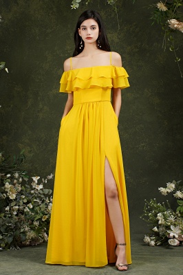 Beautiful Yellow Spaghetti Straps A-line Ruffles Split Bridesmaid Dress With Pockets