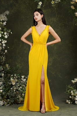 Classy V-neck Wide Straps Backless Yellow Mermaid Bridesmaid Dress With Split_3