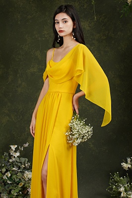 Yellow Spaghetti Straps Backless A-Line Chiffon Split Bridesmaid Dress With Pockets_2