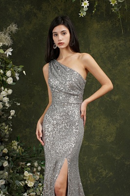 Attractive Sequins One Shoulder Mermaid Bridesmaid Dress With Side Slit_5