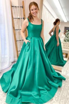 A-line Floor-length Satin Spaghetti Straps Ruffles Backless Prom Dress With Pockets_1