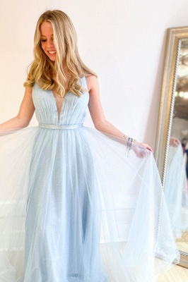 Stunning Sequins A-line Floor-length Spaghetti Straps V-neck Tulle Prom Dress_2