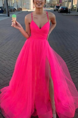 Stunning A-Line Tulle Spaghetti Straps V-neck Long Prom Dress With Side Slit_1
