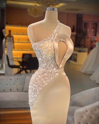 Stunning One Shoulder Crystal Keyhole Floor-length Mermaid Prom Dress With Side Train_2