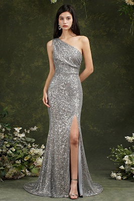 Attractive Sequins One Shoulder Mermaid Bridesmaid Dress With Side Slit