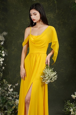 Yellow Spaghetti Straps Backless A-Line Chiffon Split Bridesmaid Dress With Pockets_3