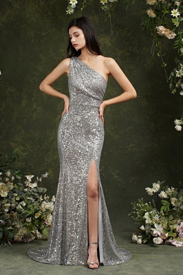 Attractive Sequins One Shoulder Mermaid Bridesmaid Dress With Side Slit_2