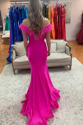 Charming Off-the-shoulder Floor-length Mermaid Feather Beading Prom Dress With Side Slit_2