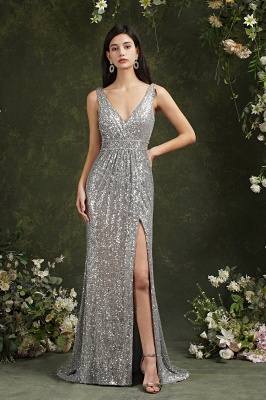 Sparkly Deep V-neck Wide Straps Sequins Mermaid Bridesmaid Dress With Slit