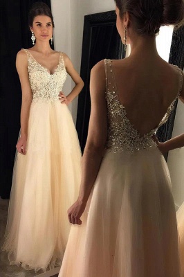 Stunning V-neck Open Back Floral Lace Crystal Tulle A-Line Floor-length Prom Dress_1