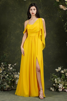 Yellow Spaghetti Straps Backless A-Line Chiffon Split Bridesmaid Dress With Pockets_6