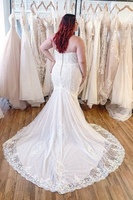 Stunning Appliques Lace Spaghetti Straps Long Mermaid Backless Wedding Dress_2