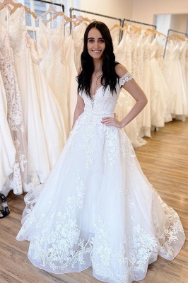 Elegant A-Line Off-the-Shoulder Sweetheart Tulle Appliques Lace Wedding Dress_1