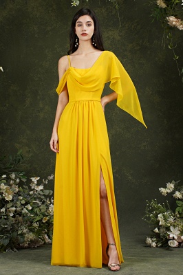 Yellow Spaghetti Straps Backless A-Line Chiffon Split Bridesmaid Dress With Pockets_1