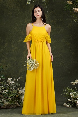 Beautiful Yellow Off-the-Shoulder Ruffles A-Line Chiffon Bridesmaid Dress With Pockets