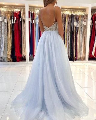 Elegant A-Line Tulle Spaghetti Straps Floor-length Prom Dress With Beading_2