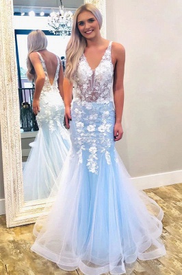 Delicate V-neck Floral Lace Spaghetti Straps Tulle Backless Mermaid Prom Dress_1