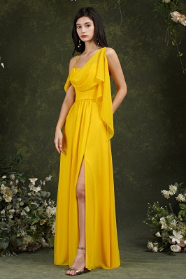 Yellow Spaghetti Straps Backless A-Line Chiffon Split Bridesmaid Dress With Pockets_7